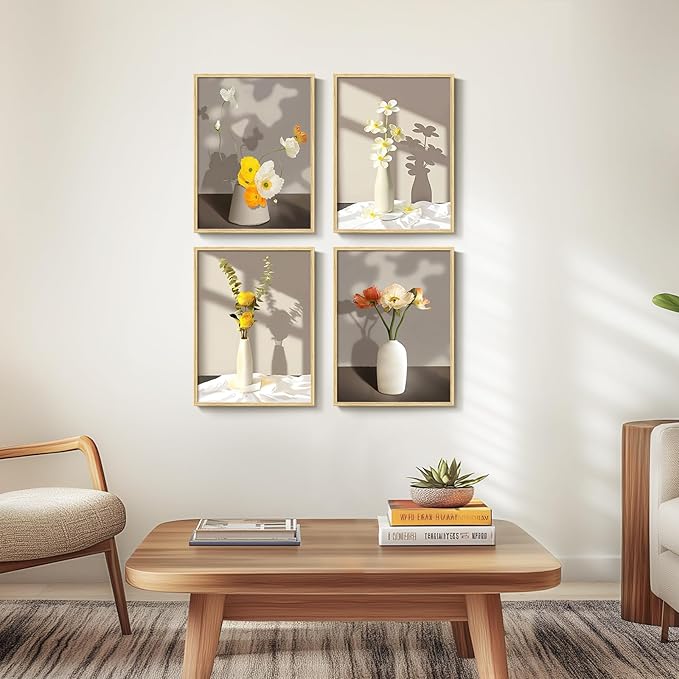 Framed Botanical Floral Wall Art, 4 Piece Yellow Flower Canvas Painting Prints