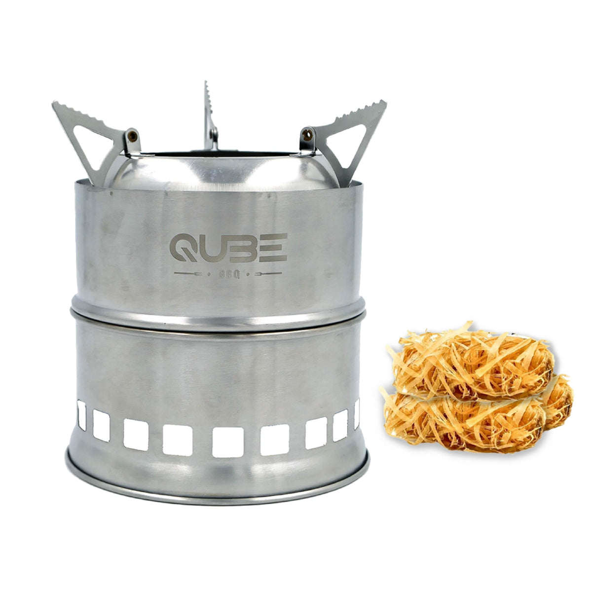 QUBE BBQ Portable Camping Stove with 3 Fire Starters â Stainless Steel Wood Burning Mini Camp Stove, Foldable with Carry Bag, for Backpacking, Hiking, Traveling, Emergency, Outdoor BBQ, and Picnic