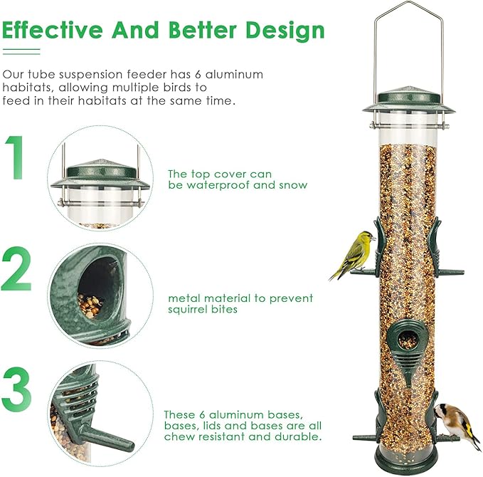 MIXXIDEA 1PK Metal Wild Bird Feeder,Squirrel Proof Bird Feeders for Outside,Hanging 6 Port Tube Bird Feeder Transparent Finch Bird Feeder for Attracting Birds in Your Lawn, Garden, Balcony-Green