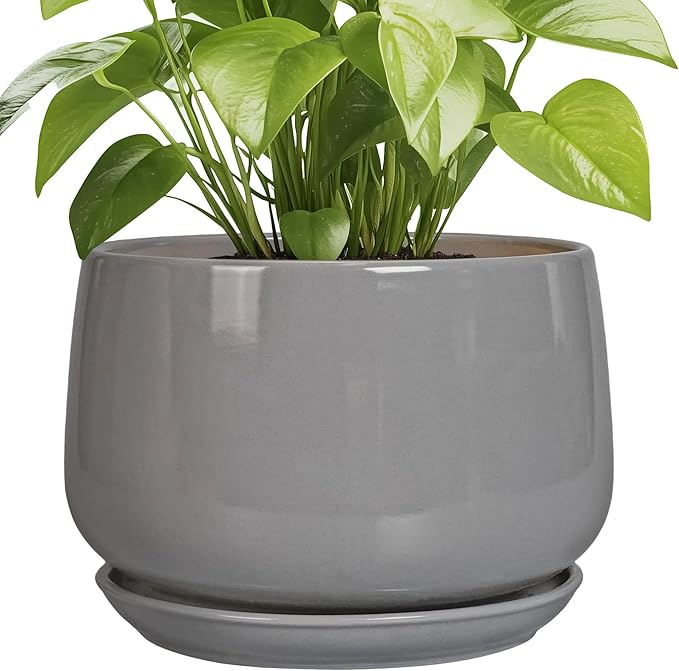 G EPGardening Ceramic Plant Pots - 9 Inch Modern Round Planter with Drainage and Plant Saucer for Indoor Outdoor Flower, Apartment Decor, Birthday Gifts, Grey