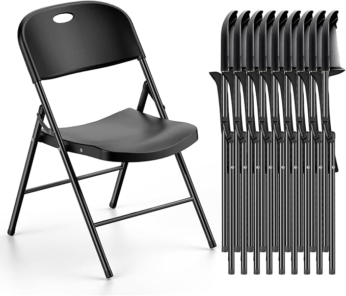 Nazhura 350 Weight Limit Heavy Duty Plastic Folding Chair with Reinfoced Steel Frame for Indoor and Outdoor, Wedding, Party, Restaurant, Meeting Room, Patio and Garden (10, Black)
