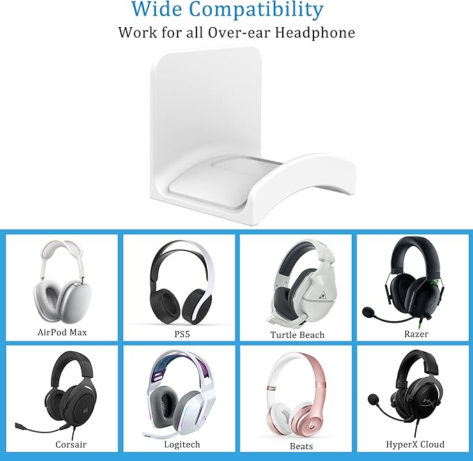 SOKUSIN Headphone Stand Headset Holder - Adhesive Gaming Earphones Hanger, Universal Desk Wall Mount Hook for All Headphone/Controller, Compatible with Beats, AirPods Max,Sony, JBL (White-2PCS)