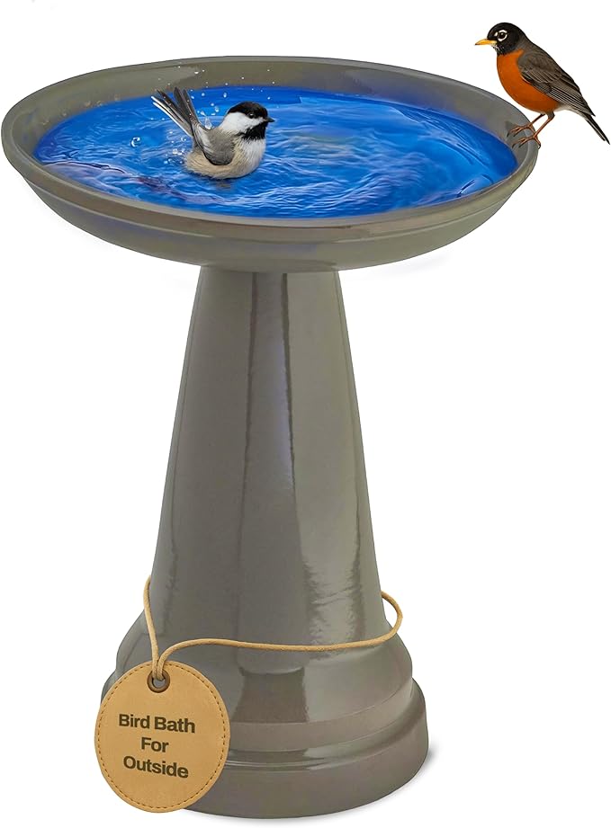 Birds Choice Ohio Stoneware Bird Bath | Pedestal Bird Bath, Stable Locking Top | Weather-Resistant Ceramic Clay, Glazed Finish | Outdoor Garden & Patio Decor | 22" H x 17" D, Gray