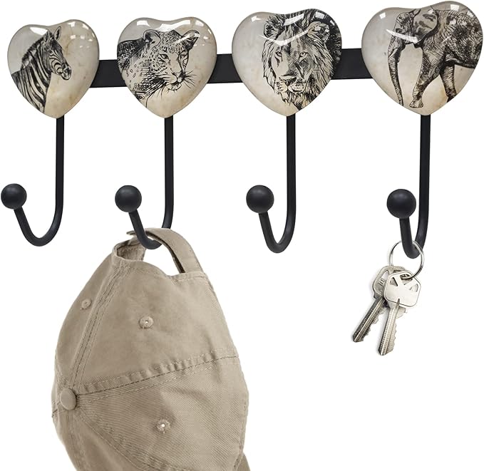 Coat Rack Wall Mounted with 4 Hook, Heart Glass Finishes Animal Pattern