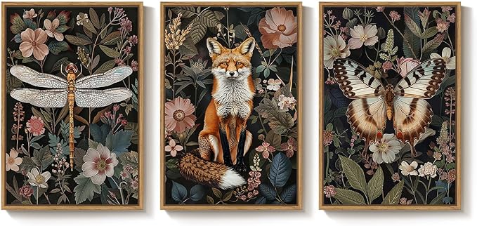 Framed Vintage Botanical Animal Wall Art Set of 3, Dark Floral Butterfly