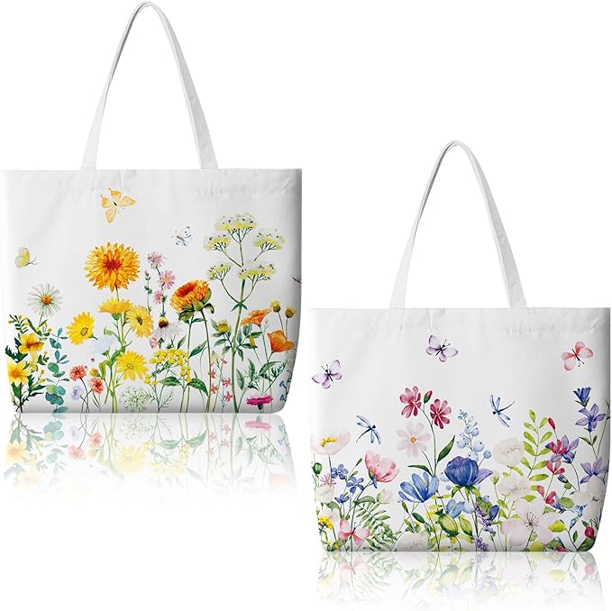 Bencailor 2 Pcs Spring Flower Canvas Tote Bags Reusable Wildflowers Herbs Plant Grocery Bags for Women Shopping Spring Gifts(Stylish)
