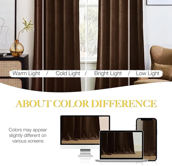 NICETOWN Brown Velvet Blackout Curtains 96 inches Long, Room Darkening Home