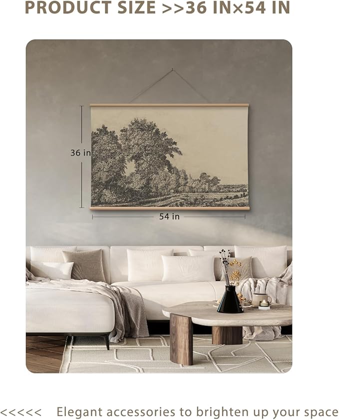 VIYYIEA Extra Large Size Canvas Wall Art, 36x54 Inch Vintage Tree Landscape Hanging Scroll, Black and White Rustic Country-Inspired Artwork for Living Room, Bedroom, Office