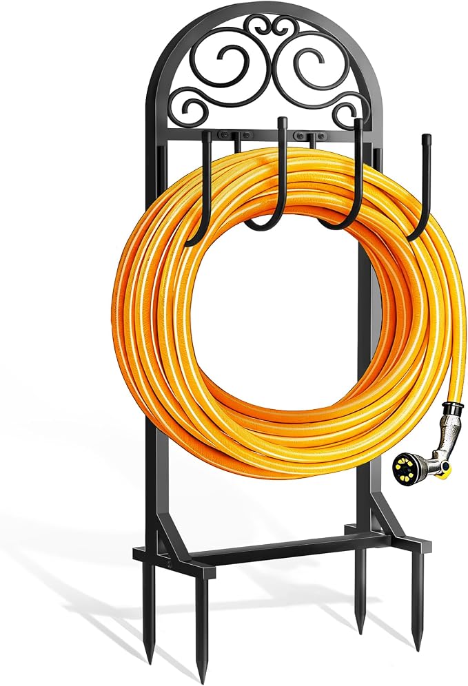 Garden Hose Holder, Upgraded Metal Water Hose Holder with 4 Hooks, Freestanding Heavy Duty Hose Hanger Stand Holds 150 FT Hoses, Detachable Hose Storage Rack for Outside Yard Lawn Farm (Black, Clouds)