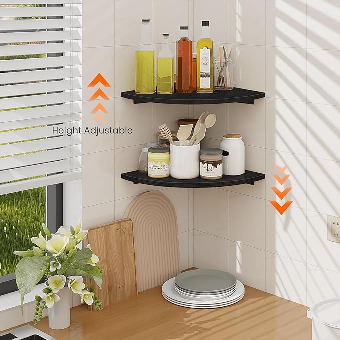 Homode Corner Floating Shelves, 2 Tier Curved Corner Hanging Shelving