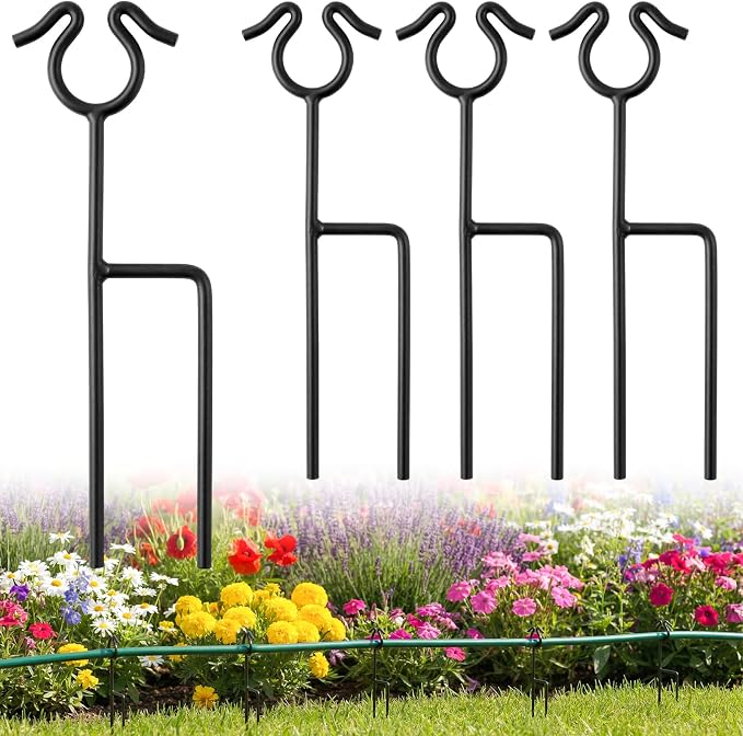 14 inch Garden Hose Guide Spike, 4 Pack Metal Hose Guides for Garden Heavy Duty Rustproof Coated Stake Keeps Water Hose Out of Flower Beds for Outside Lawn & Yard Plant Protection (Black)