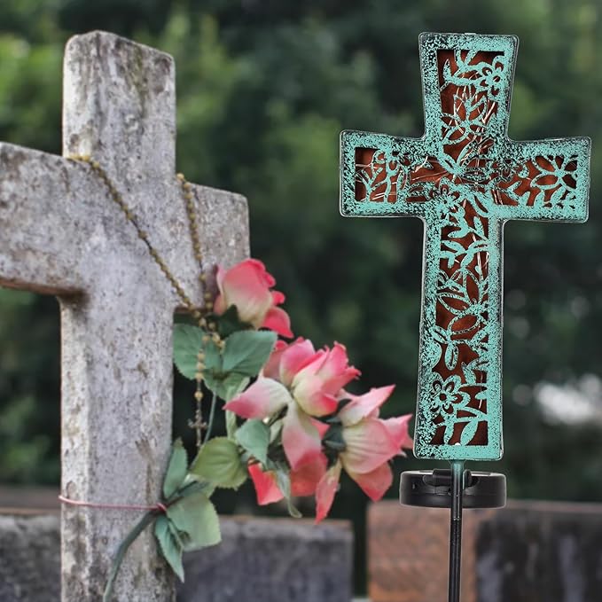 Solar Cross Garden Stake Lights 38inch Outdoor Waterproof Memorial Garden Decor 2 Lighting Modes Cemetery Decorations for Grave for Remembrance Gifts & Sympathy Gifts (Blue Cross)