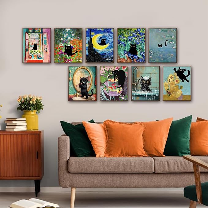 9Pcs Funny Black Cat Wall Art Cats in van gogh Famous Paintings Posters Prints