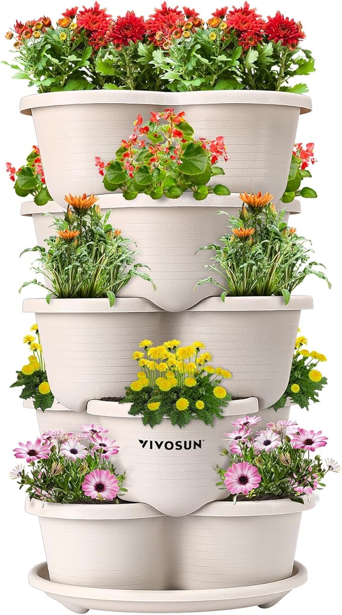 VIVOSUN 5 Tier Vertical Gardening Stackable Planter for Strawberries, Flowers, Herbs, Vegetables, Ivory