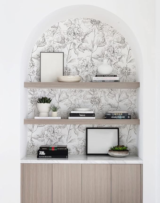 JiffDiff Black and White Floral Wallpaper Peonies Removable Peel and Stick