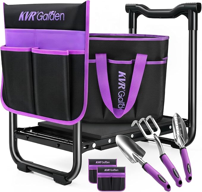 Garden Stool & Kneeler 7-Piece Set with 3 Aluminum Tools, Double-Layer Tote Bag & 2 Side Pouches - Foldable Gardening Bench Kit - Ideal Gifts for Women Mom Seniors (Purple)