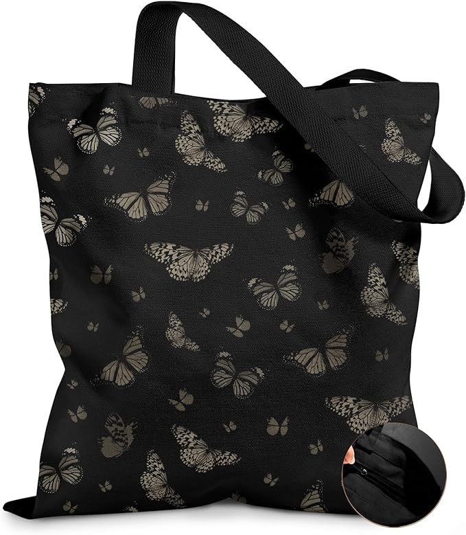 Miss Adola Canvas Tote Bag for Women â Aesthetic Canvas Bag with Zipper Cute Stylish Reusable Shoulder Totes for Shopping Work Daily Vacation, Black Butterfly
