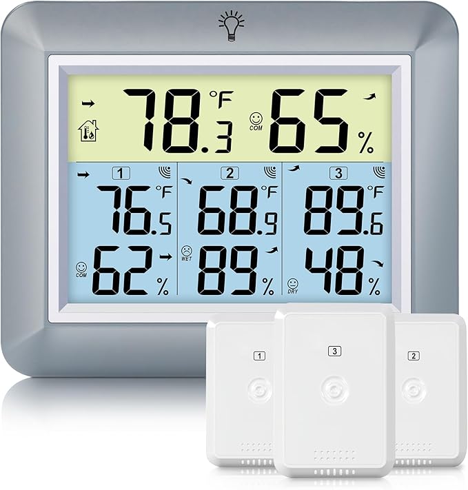 Urageuxy Weather Station Wireless Indoor Outdoor Thermometer with 3 Sensors, Remote Temperature Monitor with Humidity for Home, Baby Nursery, Room, Attic, Patio, Grey