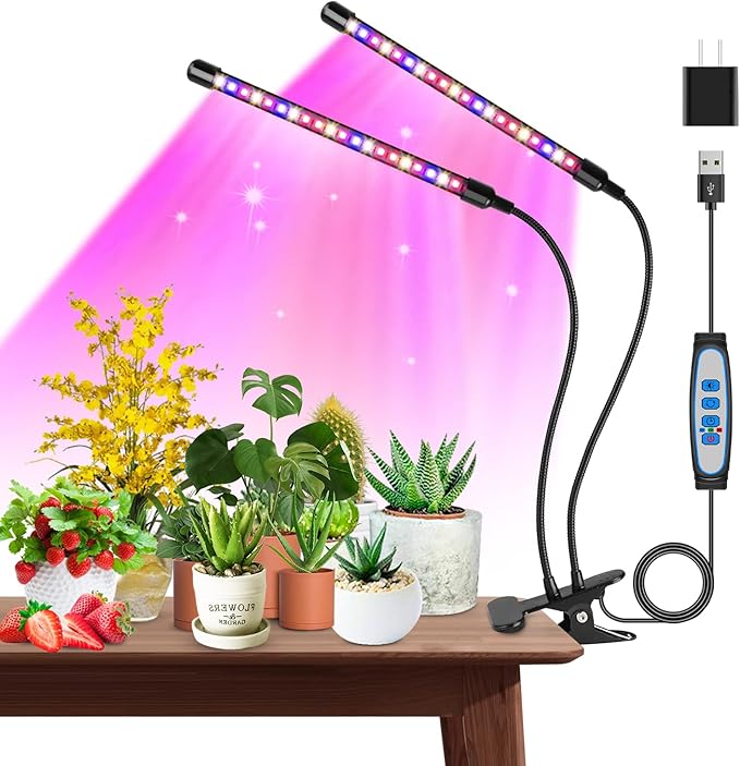 Grow Lights for Indoor Plants, Garpsen Grow Light with Red Blue Full Spectrum, 2 Heads Clip 40 LEDs Plant Light for Indoor Plants, 3 Switch Modes & Auto ON/Off, 6 12 16H Timer, 5 Dimmable Levels