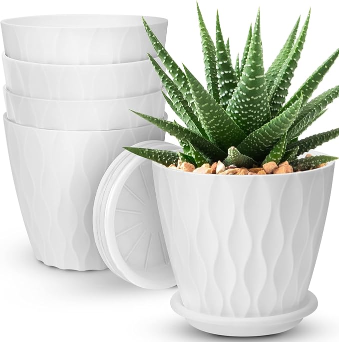 YNNICO 6 inch Plant Pots, 5 Pack Flower Pots Outdoor Indoor, Planters with Drainage Hole and Tray Saucerï¼White