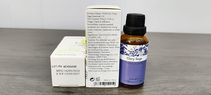 Clary Sage Essential Oil, 1.01Fl.Oz (30ML) PHATOIL Pure Essential Oil Singles for Aromatherapy Diffusers, Humidifiers, Great for DIY Candle and Soap Making, Gift for Friend