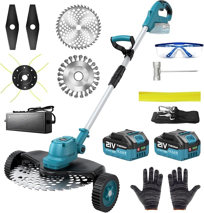 Electric String Trimmer Cordless with Wheel, 1000W Battery Powered Weed Wacker, 2x4.0Ah Batteries, Adjustable Length, 4âinâ1 Lightweight Grass Trimmer/Brush Cutter/Weed Trimmer/Edger Tool