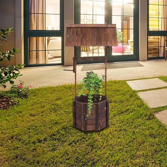 Wooden Wishing Well with Hanging Bucket, Outdoor Rustic Wishing Well Planter for Flowers and Plants, Well Covers for Yard, Garden Decor for Outside