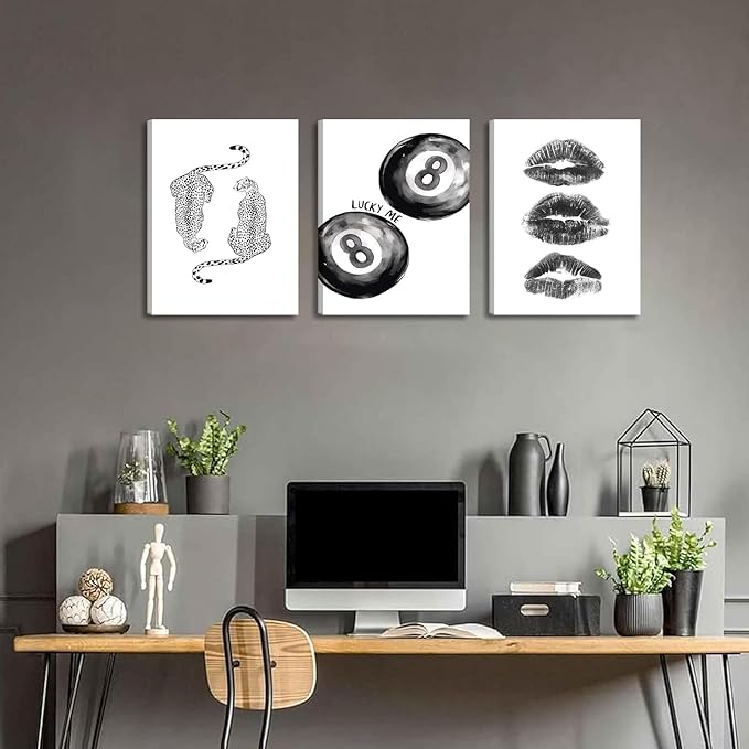 BOKPEN Trendy Black and White Leopard Canvas Wall Art, Funky Y2k Lucky 8 Ball