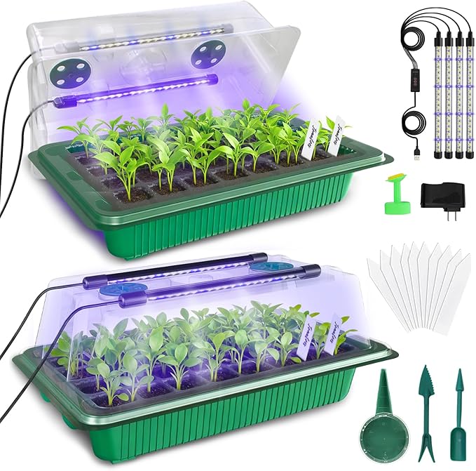 MQUPIN 80-Cell Seed Starter Tray with Grow Light, 2-Pack Adjustable Brightness Seed Starter Kit with Humidity Dome,Smart Timer,Watering Sprayer,Seeder,Plant Germination Kit for Seeds Growing