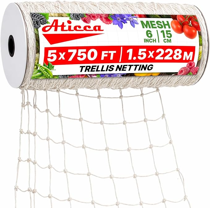 ATICCA Trellis Netting 5 x 750 ft Heavy Duty Polyester Plant Support Netting White - 6 Inch Garden Rope Trellis on Roll - Mesh Twine for Growing Vine Climbing Plants, Flowers, Peas, and Tomatoes.
