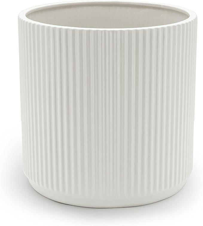 Amazon Basics Fluted Ceramic Round Planter, 10 in, White