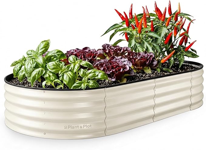 Plant & Plot Galvanized Raised Garden Beds Outdoor // 6Ã3Ã1 ft Planter Raised Beds for Gardening, Vegetables, Flowers // Large Metal Garden Box // Patented Tool-Free Design (White)