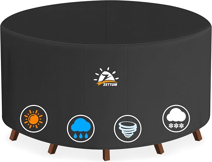 Zettum Round Patio Table Cover 58 Inch - 600D Outdoor Furniture Cover Round Waterproof & Heavy Duty, Lawn Furniture Set Covers for Outside Dining Table and Chairs Seating Combo - 58 x 58 x 28 Inch