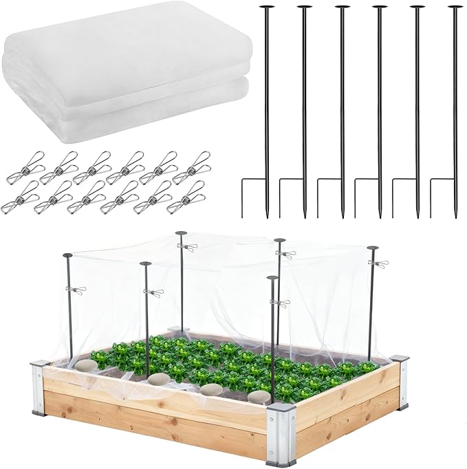 Metal Garden Netting Kit, 6 Pack 2.6ft Raised Garden Bed Net Support Stakes with 10´Ã13´ Fine Mesh Insect Netting 12pcs Clips Bird Barrier Screen Cover for Protect Plant Vegetable Row from Animals Bug