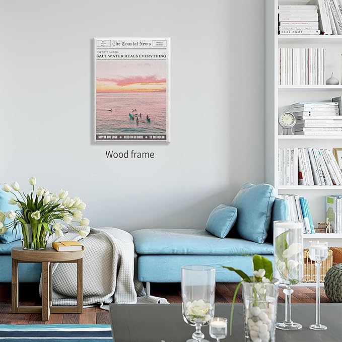 Pink Beach Newspaper Posters Vintage Fashion Coastal Girl Surf Wall Art 24X36