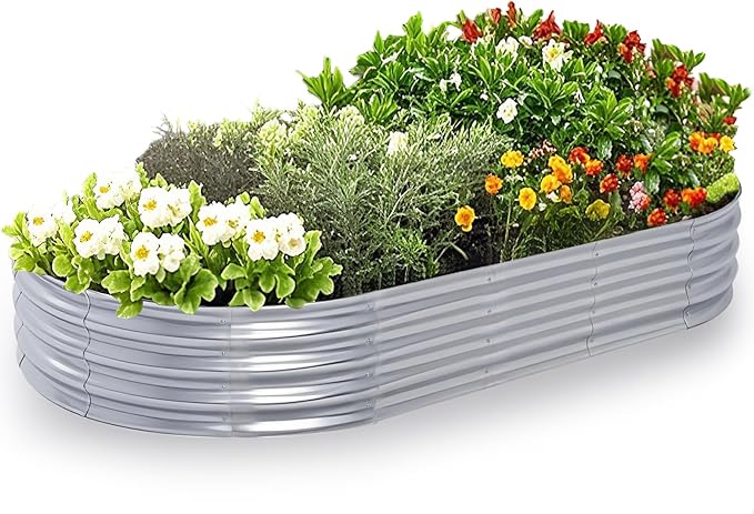 Galvanized Raised Garden Bed Kit, Planter Garden Boxes Outdoor, Oval Large Metal for Vegetables Fruits, Flowers Planter Boxes, Easy Assembly Garden Bed Kit (Silver, 8Ã4Ã1FT (1-Pack)