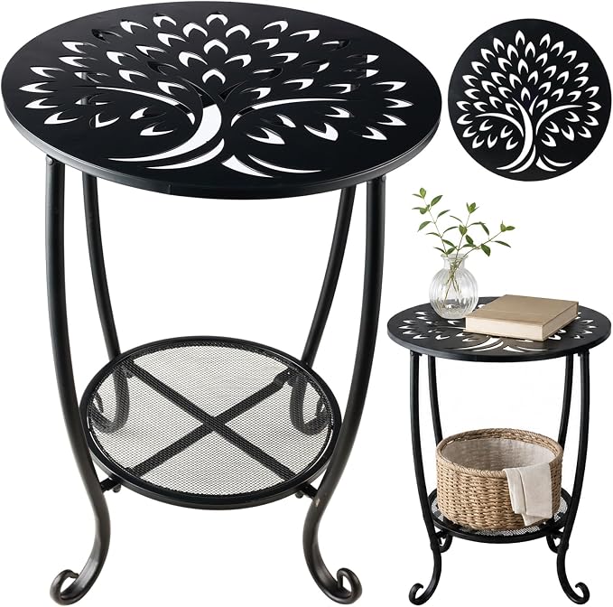 2-Tier Metal Round Side Table Black Accent Coffee Tables Small Space Corner Plant Stand Shelf for Indoor Outdoor Porch Patio Balcony Living Room End Table with Storage, Rust-Proof
