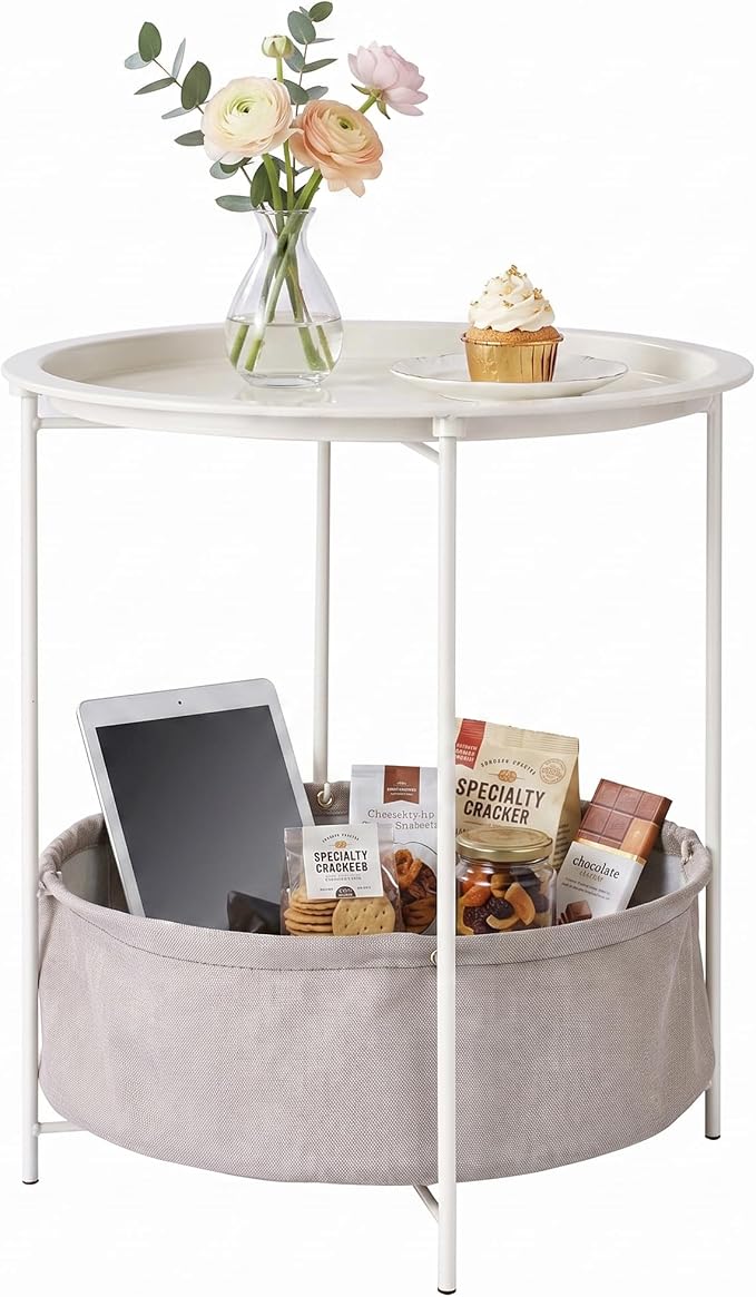 VECELO Round Side/End Table with Fabric Storage Basketï¼Metal Anti-Rust and Waterproof Small Bedside Nightstand with Removable Tray Top for Living Roomï¼Balcony & Laundryï¼Beige/1pcs with Basket