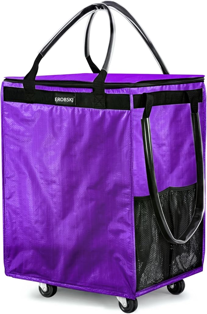 (Medium,Violet) Reusable Grocery Bag on Wheels, 70L Foldable Rolling Tote, Carries Up to 66 lbs Shopping Trolley, Zipper Clouser Shopping Carts for Trips, Laundry, 4 Heavy Duty Wheels and 3 Handles | Bag on Wheels, Foldable