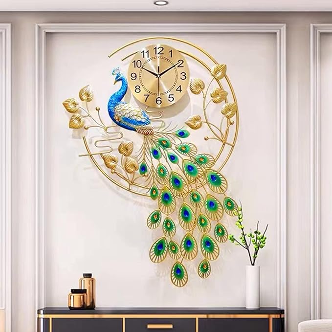 36.6 Inch Large Peacock Wall Clock Non-Ticking Silent, Creative Decorative