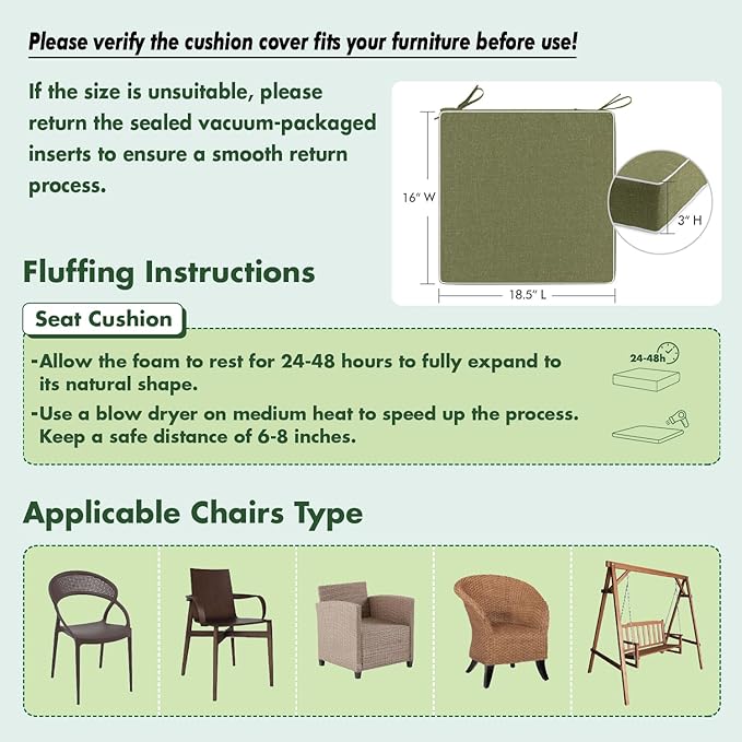 MIULEE Green Outdoor Chair Cushions Set of 2, 18.5x16x3 Inch Waterproof Patio Seat Cushions for Outdoor Furniture Couch Sofa, 3 Year Color Fastness High Density Foam with Adjustable Ties