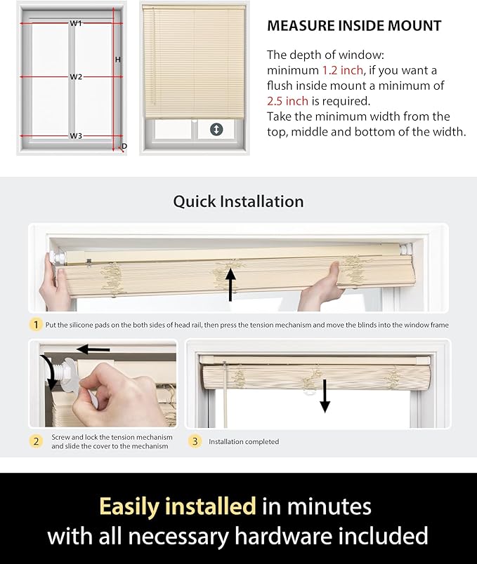 UNISHADES No Drill Blinds for Windows 1" Vinyl L-Shaped Slats Cordless Mini