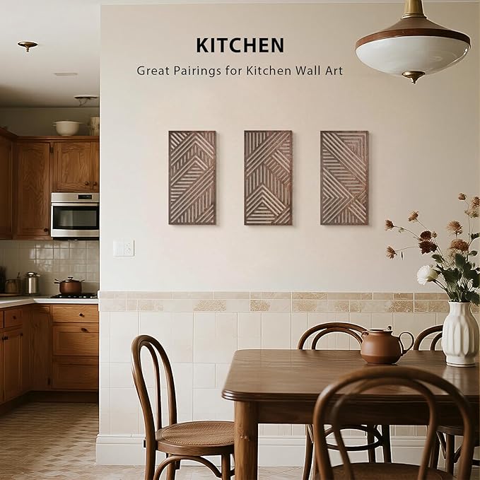 VIYYIEA Boho Solid Wood Carved Wall Art Set of 3, Geometric Minimalist Wooden
