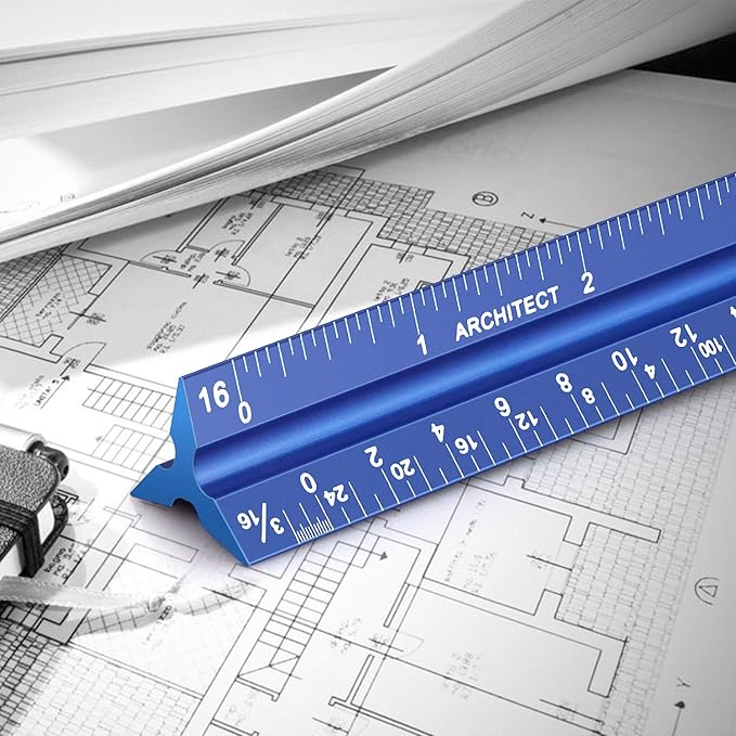 12" Architectural Scale Ruler Aluminum Architect Scale Triangular Scale Ruler for Architects, Draftsman, Students and Engineers, Blue