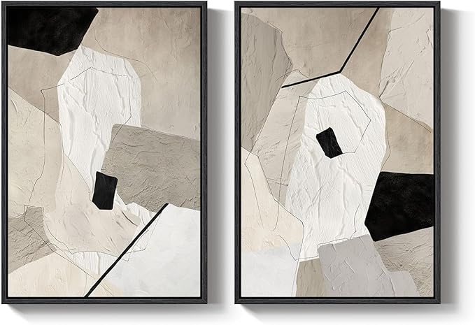 Framed Neutral Beige and Black Abstract Wall Art