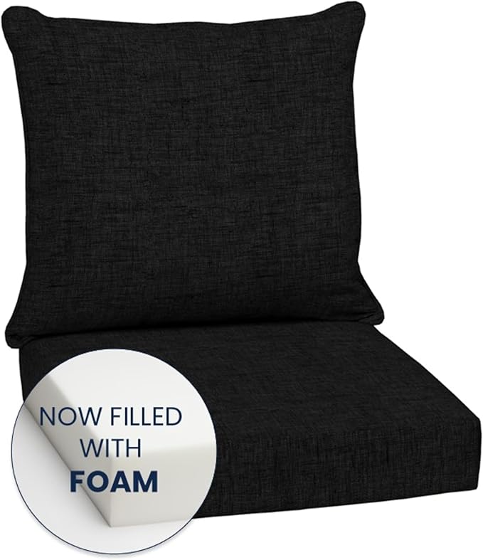 Arden Outdoor Foam Deep Seat Cushion Set (2-Pack), 24x24, Premium High-Density Foam, Never Flattens, Weather-Proof for Patio Chair Sofa Couch, Black Leala