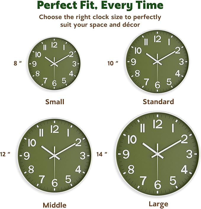 Silent Wall Clock Non-Ticking Battery Operated – Modern Olive Green Analog Wall