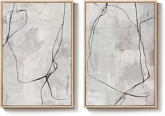 Large Framed Neutral Line Abstract Wall Art Set of 2