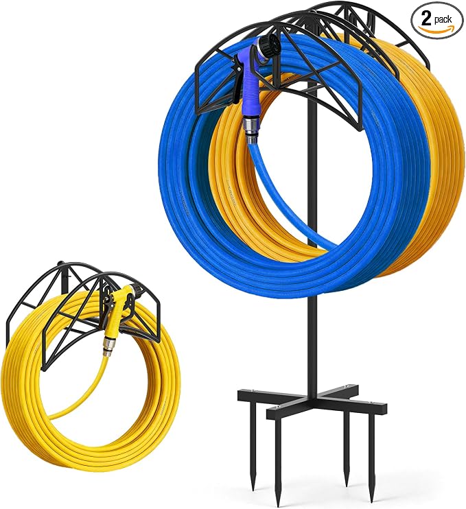 Garden Hose Holder Heavy Duty Water Hose Holder Holds 160 FT * 2 Hoses 4 Spikes Hose Reel Freestanding Hose Hanger Sturdy Hose Storage Stand with 90°Rotatable Hook for Outside Yard Lawn