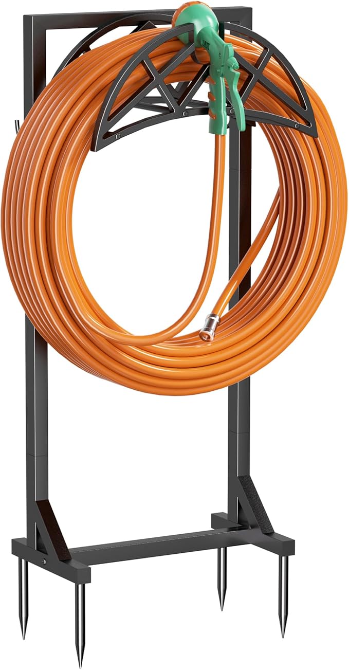 Garden Hose Holder, Heavy-Duty Metal Stand with Stable Base & 2 Tool Hooks, Freestanding Storage Rack for Outside, Holds 150ft â Hose Holders for Yard & Lawn